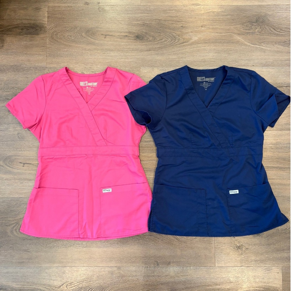 2 Greys Anatomy Barco Mock Wrap Medical Scrub Tops XS Pink & Blue Uniform Bundle